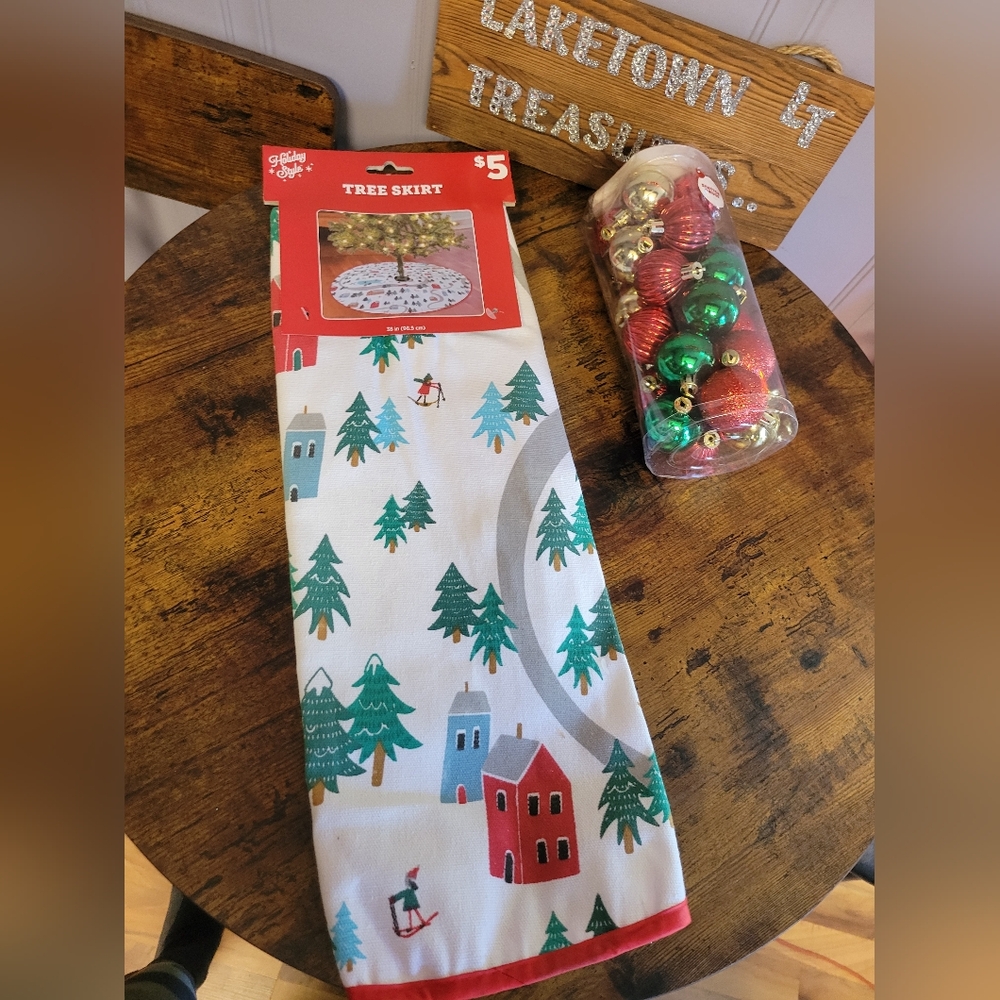 Festive Christmas Tree Skirt & 24 shatter proof ornaments